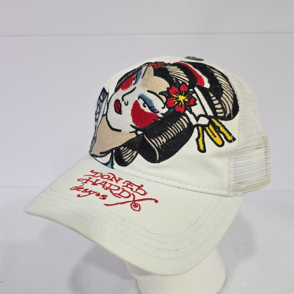 Ed Hardy by Christian Audigier Embroidered Japanese Geisha Trucker Hat White Y2k